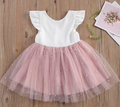 Girl Pink & White Pearl Embellished Tulle Dress
