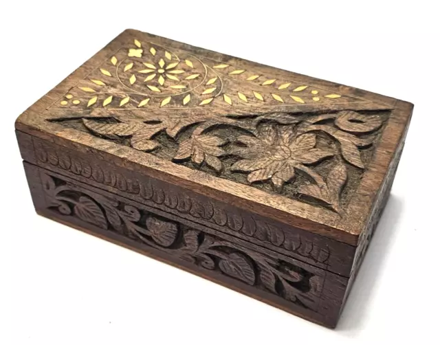 Vintage Carved Wooden Trinket Box, Inlaid Brass Decoration, Hinged Lid