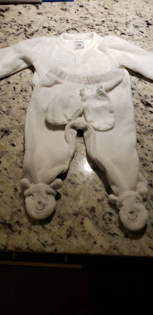 CARTER'S Set of 3 Cardigan Pants Footies Mittens White Terry Girls Boys Newborns