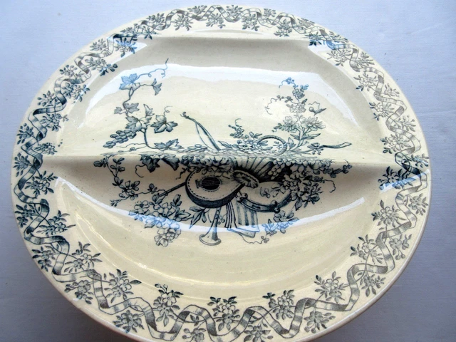 French Majolica asparagus plate, LONGWY: model Louis XVI, ribbon, basket, music