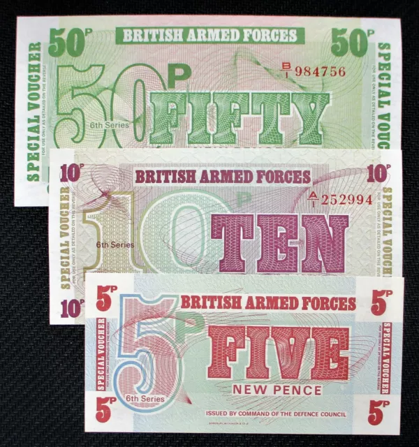 BRITISH ARMED FORCES  5p to 50p  Banknotes GENUINE (Set of 3) MINT UNC 