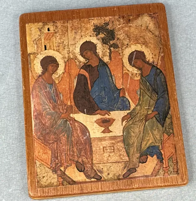 Vintage French Religious Small Wooden Trinity of Rublev Printed Picture Plaque