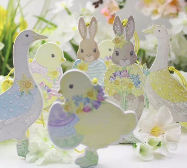 Gisela Graham Easter Pastel Spring Flowers Wood Bunny Goose Chick Decoration