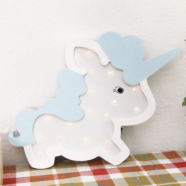 Insegna luminosa LED Unicorno Fetta Tenda Legno Animale Luce Notturna Lampada da parete senza