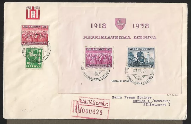 Lithuania Kaunas To Switzerland Fdc Souvenir Sheet On Registered Coer 1939