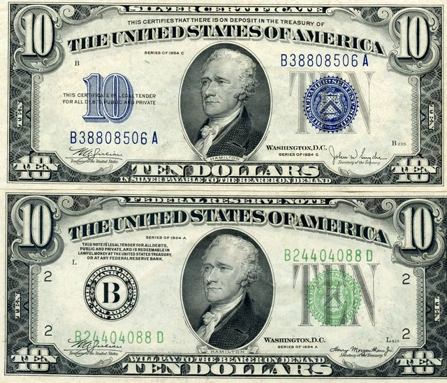 1934-C $10 Silver Certificate & 1934-A $10 Frn Nicer Notes!!!!