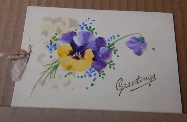 Vintage greetings Card Pansies Hand painted 12 x 8cm