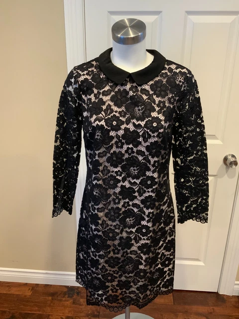 Ted Baker Black & Pink Floral Lace Shift Dress w/ Peter Pan Collar, Size 3 (Med)