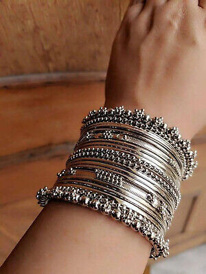 Indian Oxidized Ethnic Traditional Silver Plated Bracelet Bangles Set Jewellery