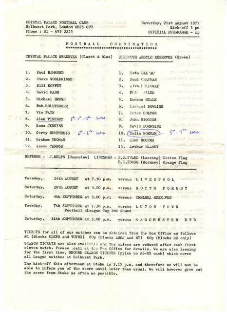 Crystal Palace v Plymouth Argyle Reserves Programme 21.8.1971