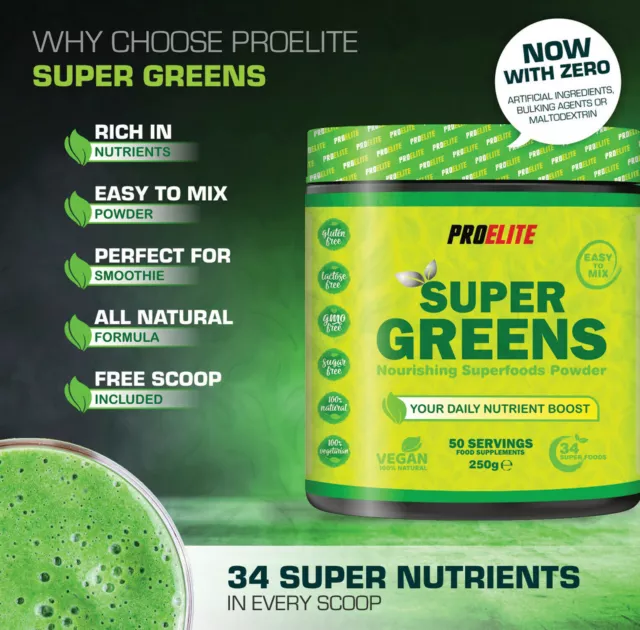 ELITE Super Greens Powder 250g 34+ Super Foods Spirulina Chlorella Barley Grass 3