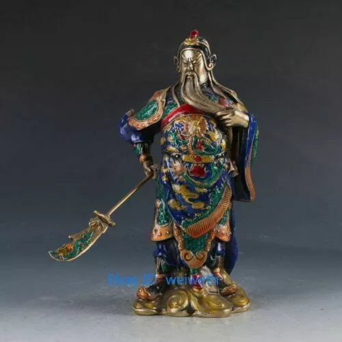 Chinese Cloisonne Handwork Carved Guangong Statue W QianLong Mark