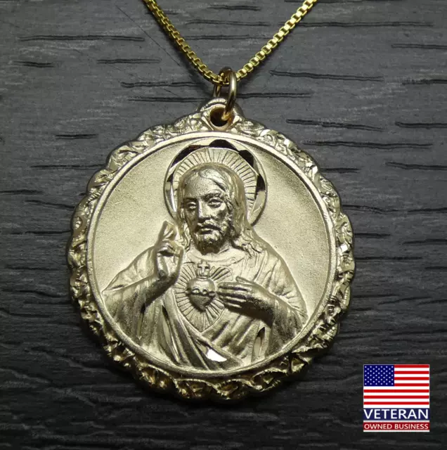 Vintage Sterling Silver Large Round Jesus Gold Tone Pendant Box Necklace 19 inch