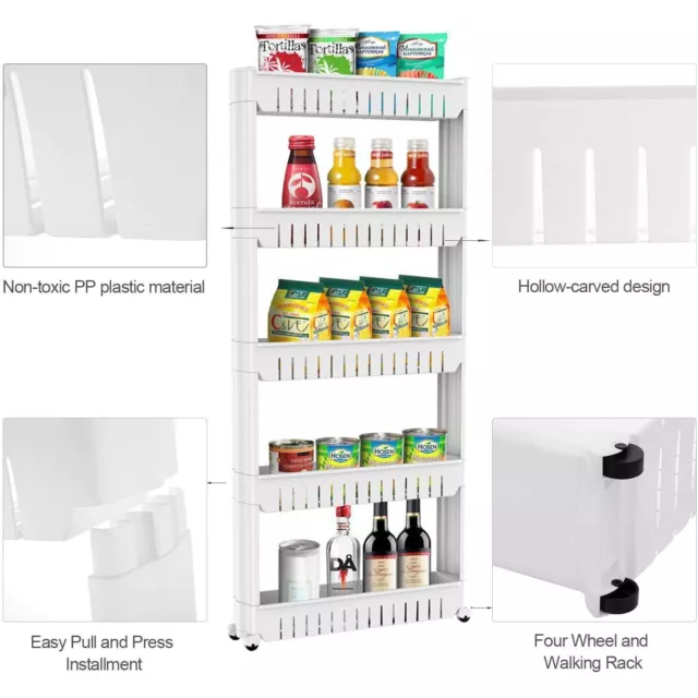 3/4/5 Tier Slim Slide Out Storage Trolley Cart Rack Holder For Kitchen Bathroom 3