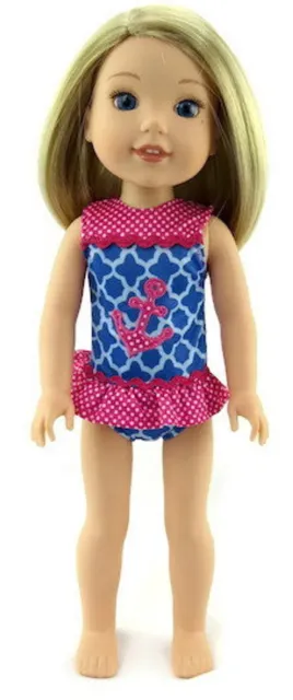 Blue & Pink Anchor Swimsuit for 14.5" American Girl Wellie Wishers Doll Clothes