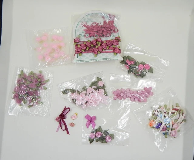 Lote rosa de mini rosas hojas de ropa artesanal de cinta