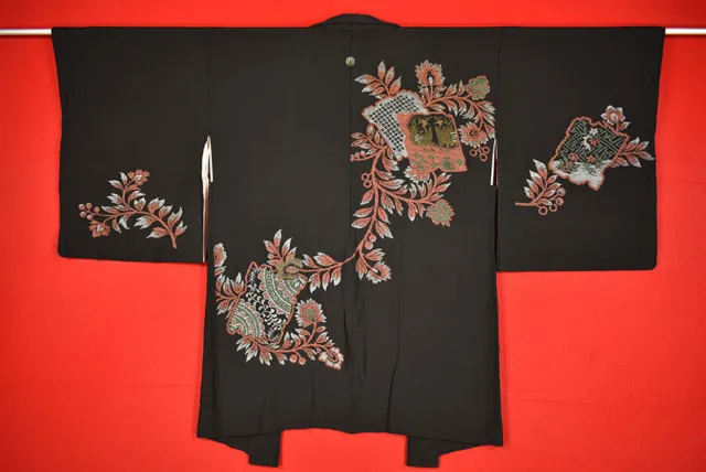 Vintage Japanese Kimono Silk Antique BORO Black HAORI Kusakizome Woven/B661/470