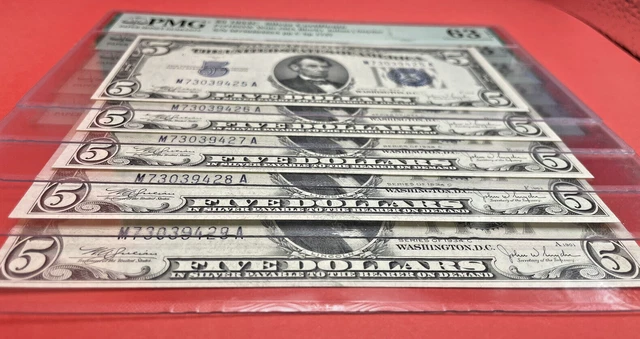 Lot of 5 1934C $5 Silver Certificate F-1653W Consecutive Serial #s PMG 63 CU EPQ