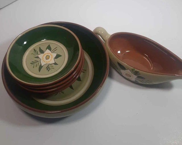 Stangl Pottery Star Flower Large Bowls with Lids Set of 2 Hand Painted Green