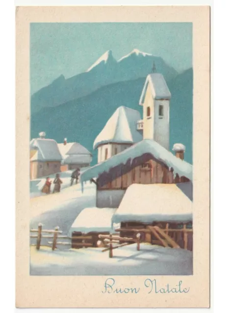 Joyeux Noël Carte Postale D'Époque Paysage De Montagne Enneigé Case Pays Eglise