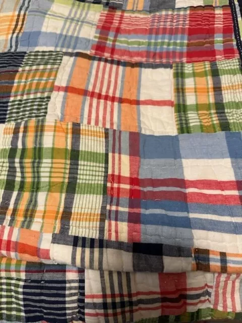 Pottery Barn Kids Madras Plaid Patchwork Quilt Reversible Full Queen W/ Shams