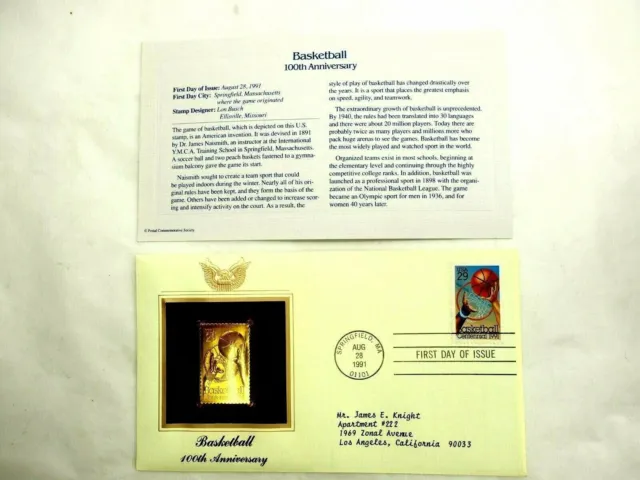 Basketball 100th Anniversary 22k Gold Stamp Replica 1st Day Issue 8,23,1991