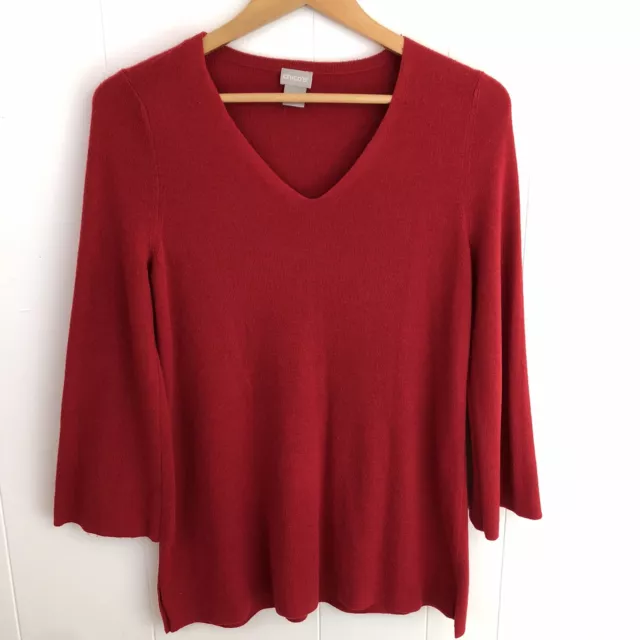 Chico's Red V Neck Tunic Sweater Long Sleeve Pullover Women's Size Small