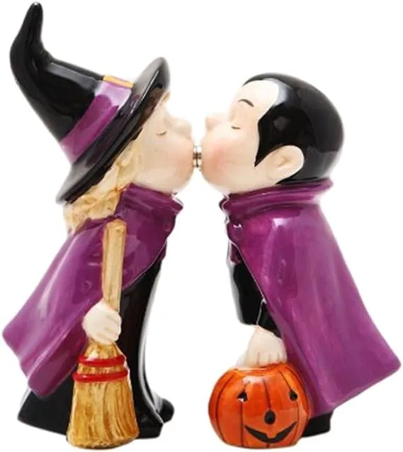 Multicolor Halloween Witch Couple Pumpkin Salt & Pepper Shakers Set