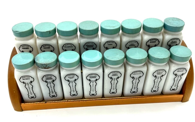 Antique Turquoise Milk Glass Griffiths Spice Rack, 16 pc set Antique Turquoise Milk Glass Griffiths Spice Rack, 16 pc set