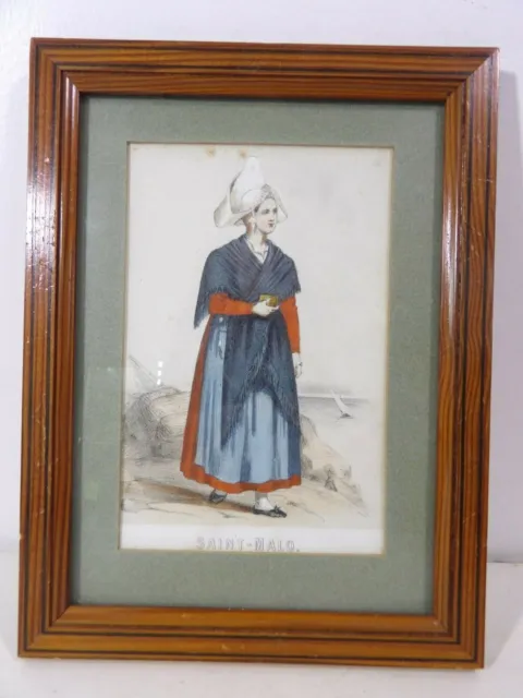 Gravure couleur St Malo bretonne malouine costume coiffe encadrée Bretagne XIXe