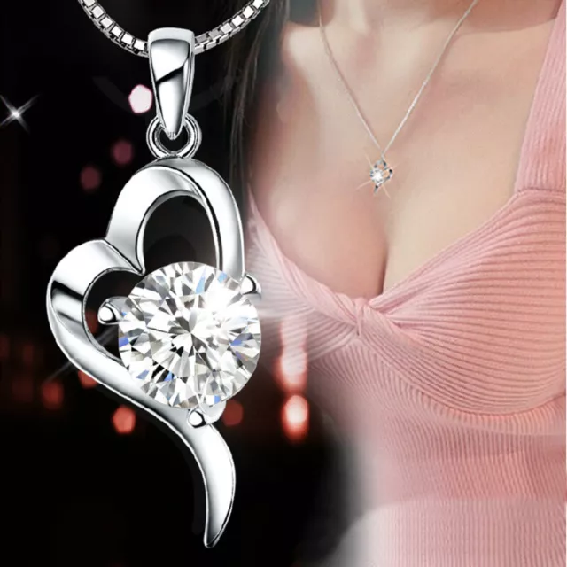 Fashion Women Heart Crystal Rhinestone 925 Silver Chain Pendant Necklace Charm