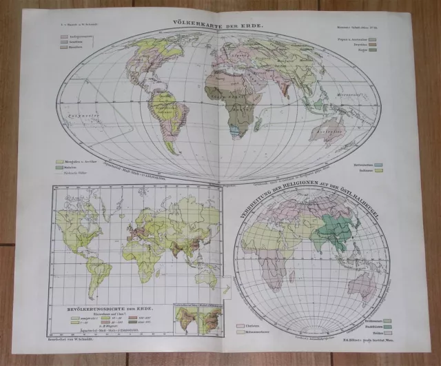 1901 Antique Map Of The World Population Races Religions Islam Christianity