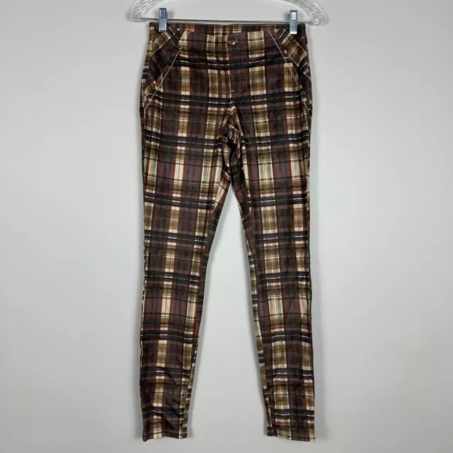 HUE Ultra Soft Denim Leggings Womens Size Small Brown Plaid with Back Pockets