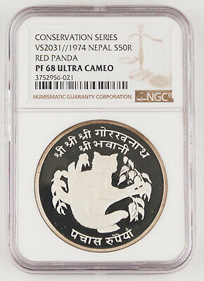Nepal 1974 50 Rupee Silver Proof Coin Wildlife RED PANDA 1.04 Oz ASW NGC PF68 UC
