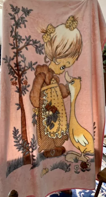 Vintage Precious Moments Girl with Goose Thick Plush Blanket Pink Brown 85”x62”