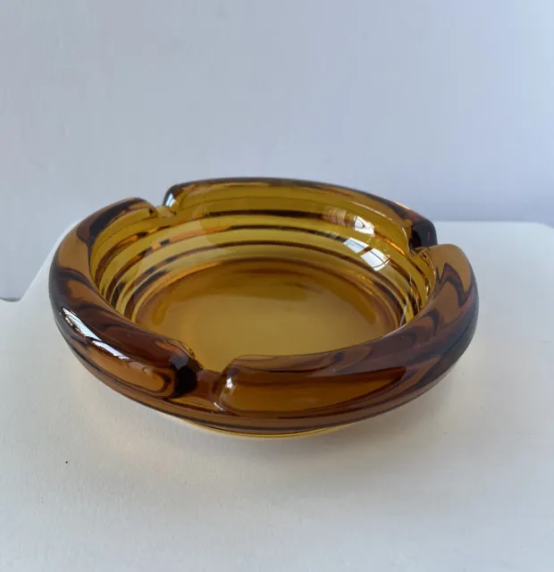 Vintage Amber Glass Round Tabletop Ashtray