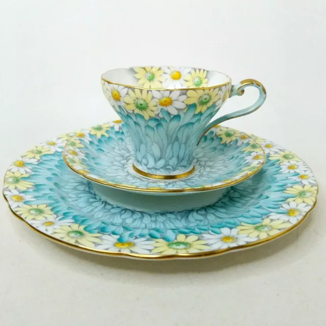 Aynsley Daisy Petals Floral Chintz Blue Corset Teacup and Saucer Plate Trio