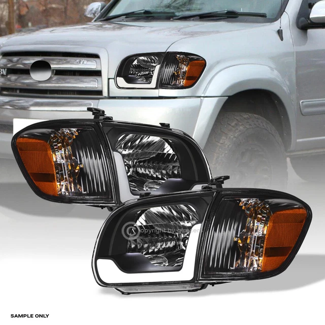 For 2005-2006 Tundra Double/Sequoia Blk Headlights+Corner Signal Amber w/LED Bar