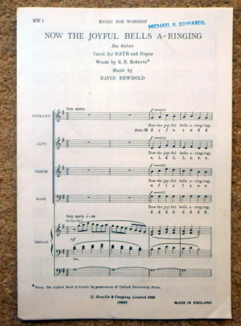 Now The Joyful Bells A-Ringing - David Newbold: SATB +   Organ 8pgs Novello 1969