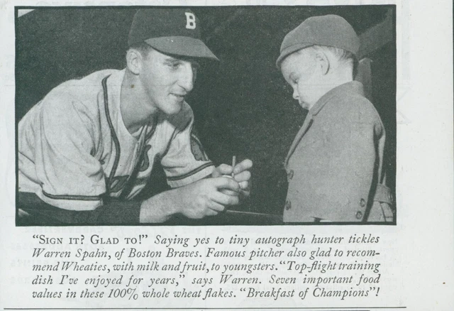 1948 Wheaties Warren Spahn Boston Braves Pitcher Autograph Seeker Print Ad SP20