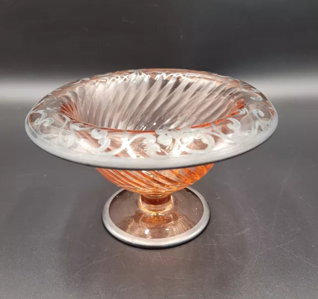 Imperial Glass Pink Twisted Optic Depression Compote Silver Overlay 1930s Round
