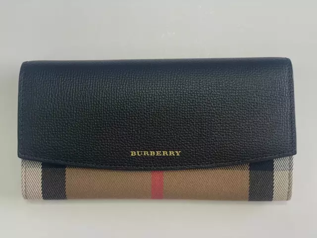 Authentic Burberry Calfskin House Check Leather Continental Wallet Black