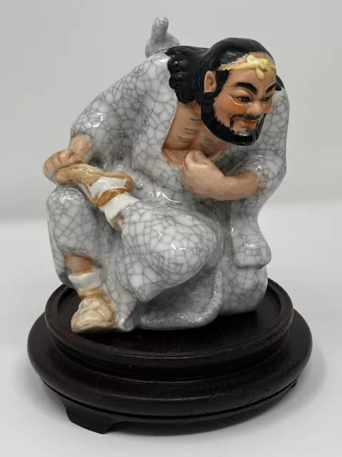 Vintage 4.5” Shiwan Chinese Mudman Crackle Pottery Figurine W/Chinese Wood Stand