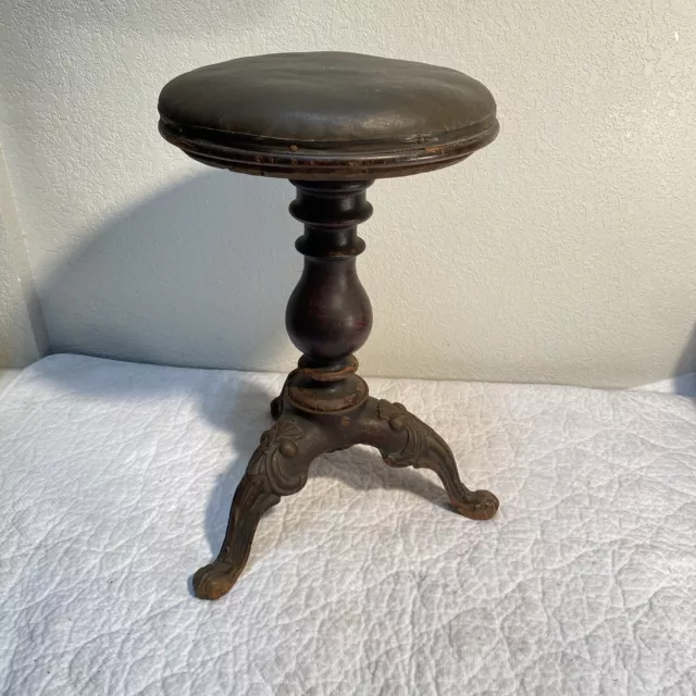 Vintage Wood PIANO STOOL Organ  Victorian Leather? seat antique Iron Claw Feet