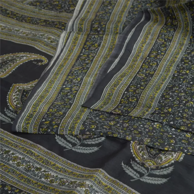 Sanskriti Vintage Sarees Indian Black Printed Pure Silk Sari Floral Craft Fabric