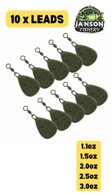 10 x Flat Pear inline lead weights. Fishing, Carp. 1.1oz - 3.0oz + FREE  GIFT