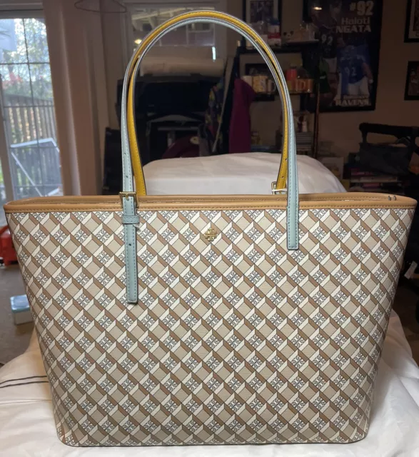 NWT Tory Burch Geo Logo Color-Block Top Zip Allover Large Tote in Hazelnut 2