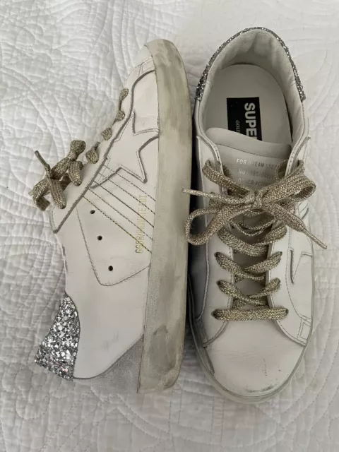GOLDEN GOOSE Super-Star White Leather Gold Laces Silver Glitter Heel 39