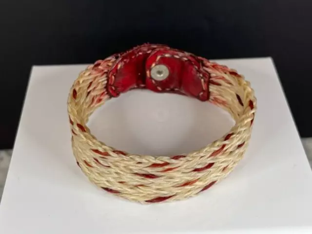 Vintage Hand Made Braided Natural & Burgundy Horse Hair Snap Bracelet - 1684