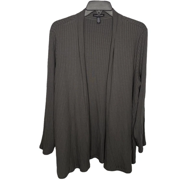 Eileen Fisher Cardigan Large Dark Gray Ribbed Tencel Knit Open Front Sweater L